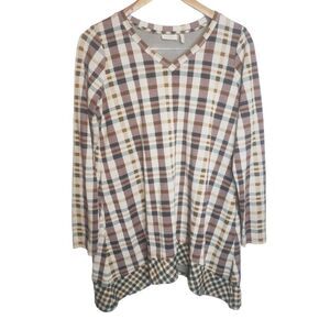 Logo Lori Goldstein brown and tan plaid long sleeve tunic women size small